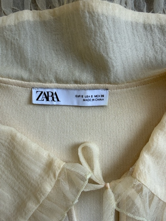 Zara organza knit Sheer Ruffle-Trim Cream Blouse with Tie Neck NWOT Sm - Picture 11 of 16